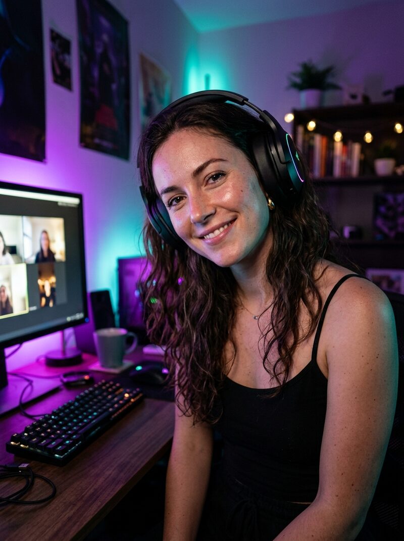 Woman on a late-night video call
